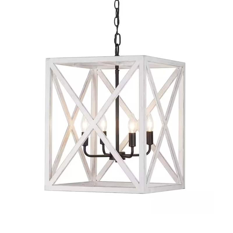 Alsy 16"W 4-Light Distressed White Caged Large Pendant Chandelier Light Fixture, French Country Style