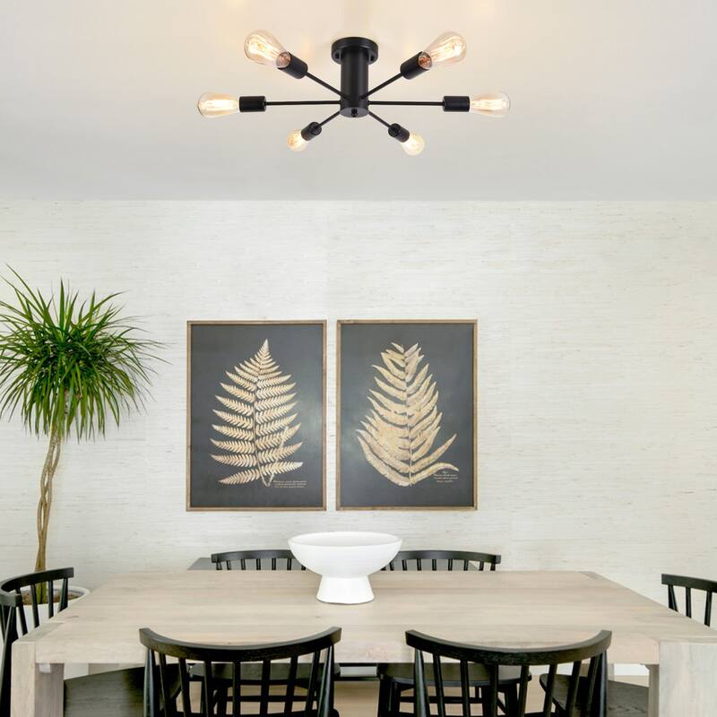 6-Light Modern Industrial Sputnik Semi-Flush Mount Ceiling Light - N/A