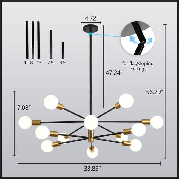 8-Light Modern Sputnik Chandeliers Mid Century Adjustable Black & Gold ...