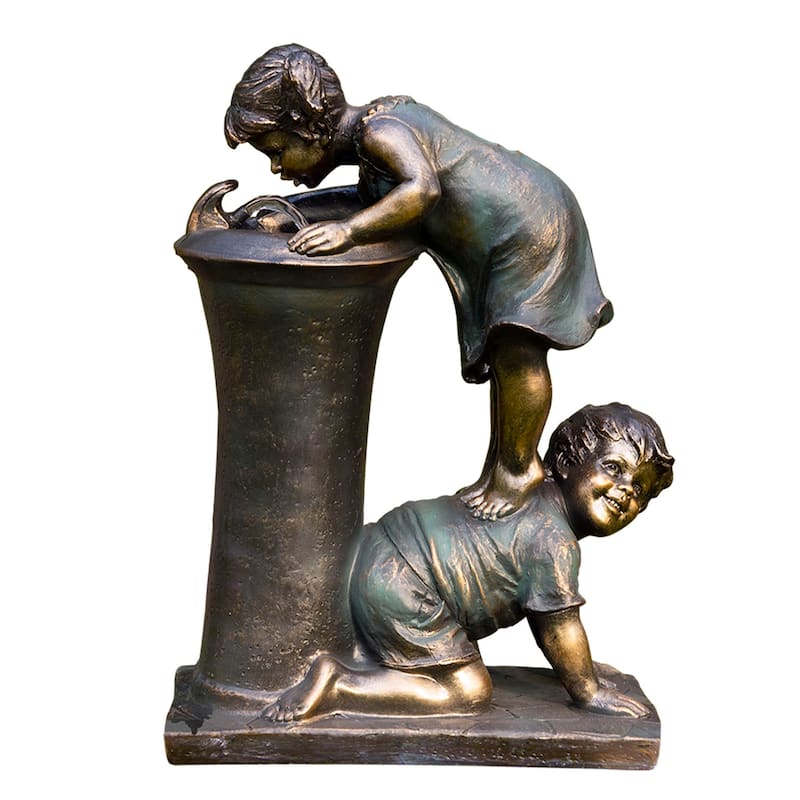 Alpine Corporation Outdoor Floor Joyful Boy and Girl Drinking Water Fountain, Playful Garden Waterfall with LED Lights