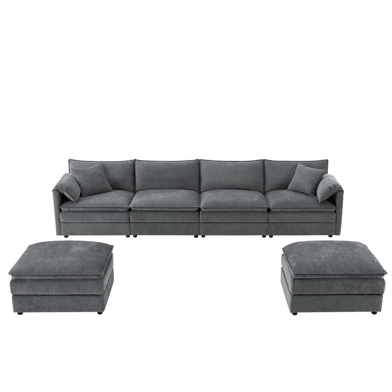 136" U-Shaped Chenille Sectional Sofa with 6-Seat Cloud Couch and Dual Ottomans & Pocket Springs (330lb Capacity)