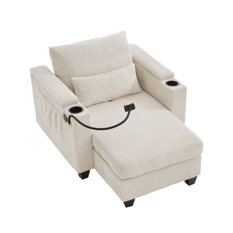 Corduroy Convertible Lounge Chaise with USB Ports, Cup Holders and Storage