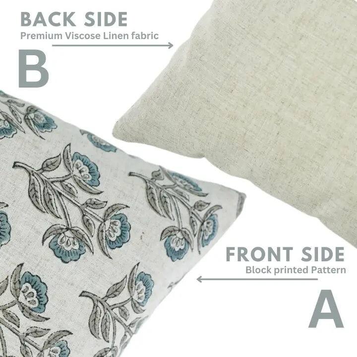 Fabdivine Handmade Floral Blue Viscose Linen Block Print Cushion Case