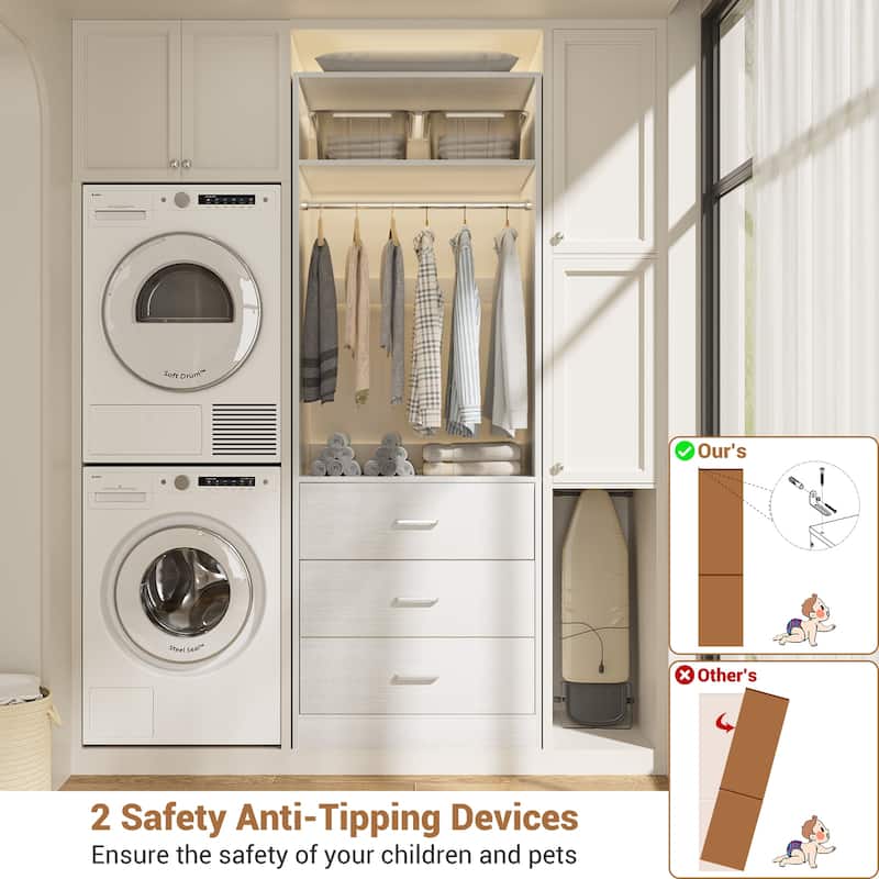 Kyrvo Freestanding Closet Sytem with 3 Wooden Drawers and Hanging Rod and Storage Shelf, Walk-in Closet Organizer Wardrobe