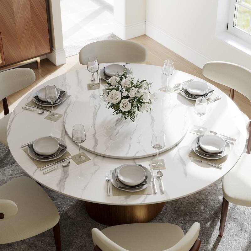 Modern Round Dining Table for Diningroom，White Glossy Stone Tabletop,Bronze Carbon Pedestal
