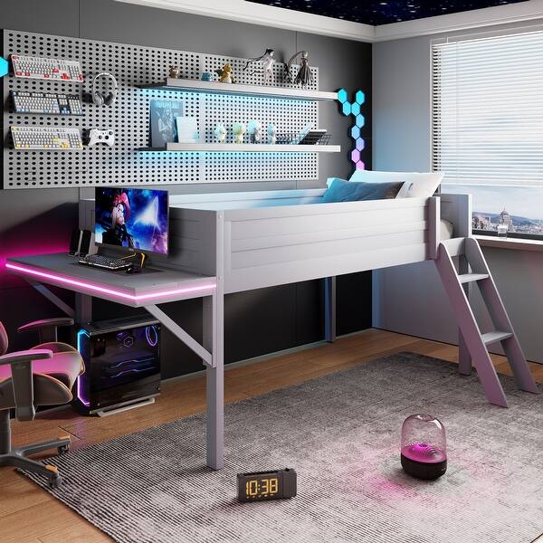 slide 2 of 28, Low Loft Bed with Integrated Desk and LED Lights, Wood Gaming Loft Bed Frame with Angled Ladder, for Kids Girls Boys Grey - Twin
