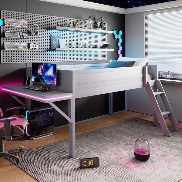 slide 2 of 14, Wood Twin Size Loft Bed with Desk and LED, Wooden Loft Bed Frame with Angled Ladder, No Box Spring Needed for Kids Grey