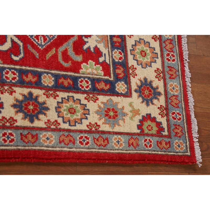 Red Geometric Kazak Foyer Rug Handmade Wool Carpet - 3'4"x 5'0"