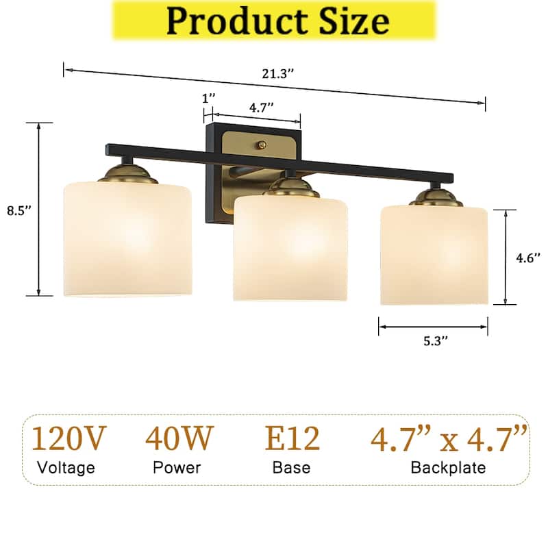 CraftHome 3-Light Modern Elegant Brass And Black Bathrooom Vanity Light With Milk White Glass Shades