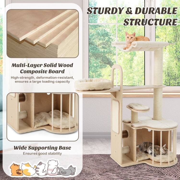 55 Inch Tall Multi-Level Cat Tree with Washable Removable Cushions-Natural - natural
