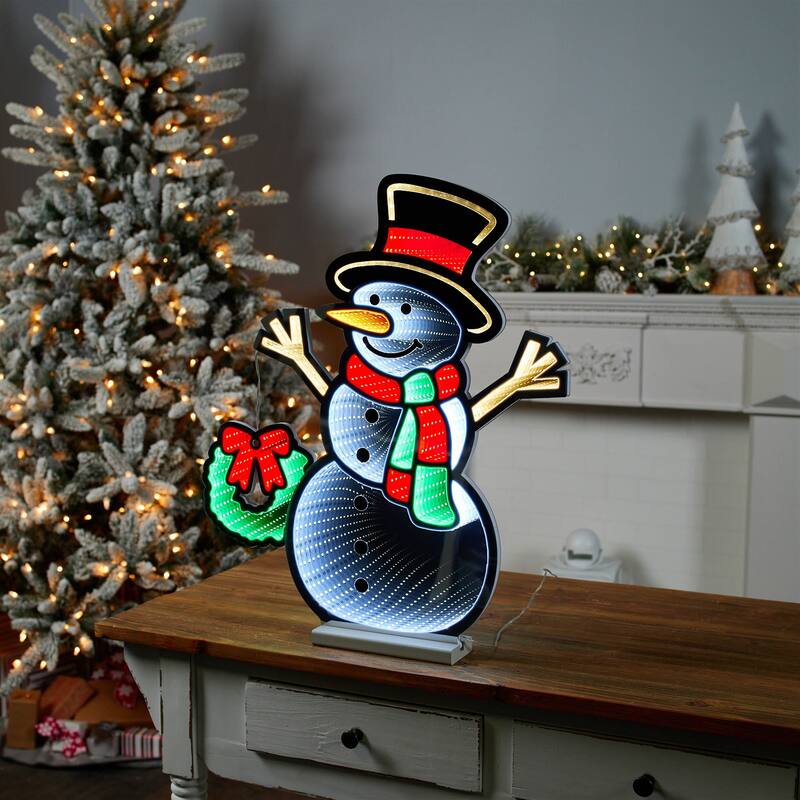 Acrylic Snowman with Wreath Light with Infinity Effect and UL Plug - 21” x 2.75” x 23.5” (L x W x H)