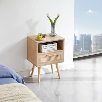 Mid-Century End Table with Drawer and Charging Station Rattan Nightstand-Natural