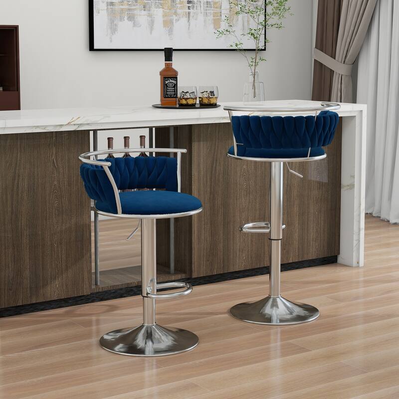 2 Set Velvet Swivel Adjustable Bar Stools with Footrest - Set of 2 - Navy Blue Silver 2Set