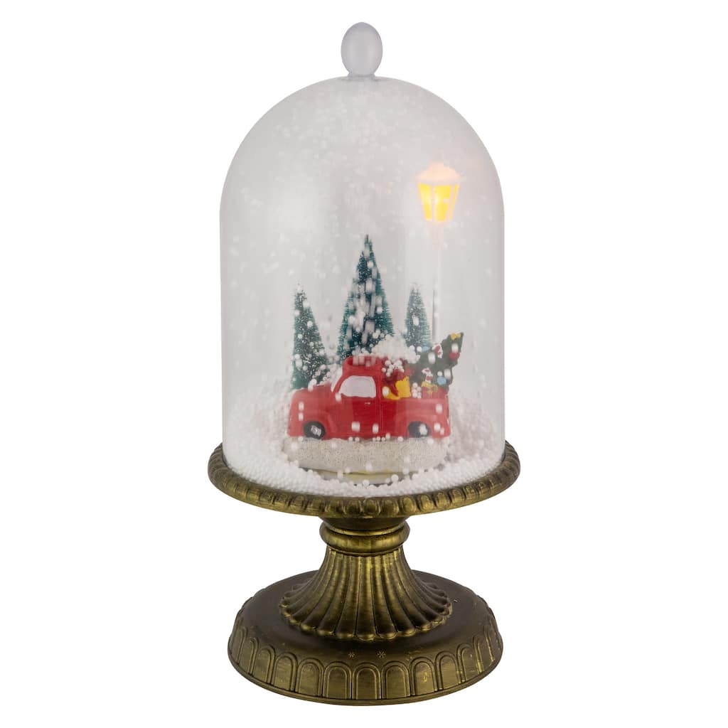 13.5" LED Lighted Snowing Musical Retro Truck Under Cloche Christmas Decoration