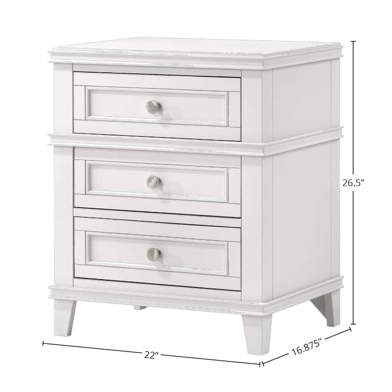 White 3-Drawer Nightstand with USB Charging Port
