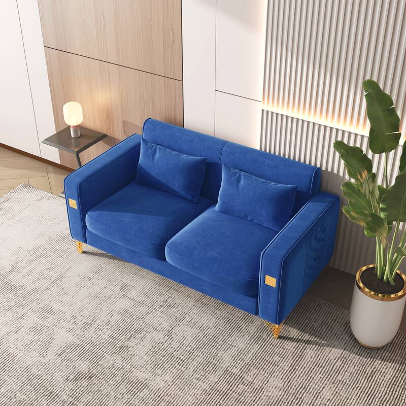 Modern Sleeper Loveseat w/ Pillows, Dark Blue Velvet Chaise Lounge Sofa Livingroom Loveseat
