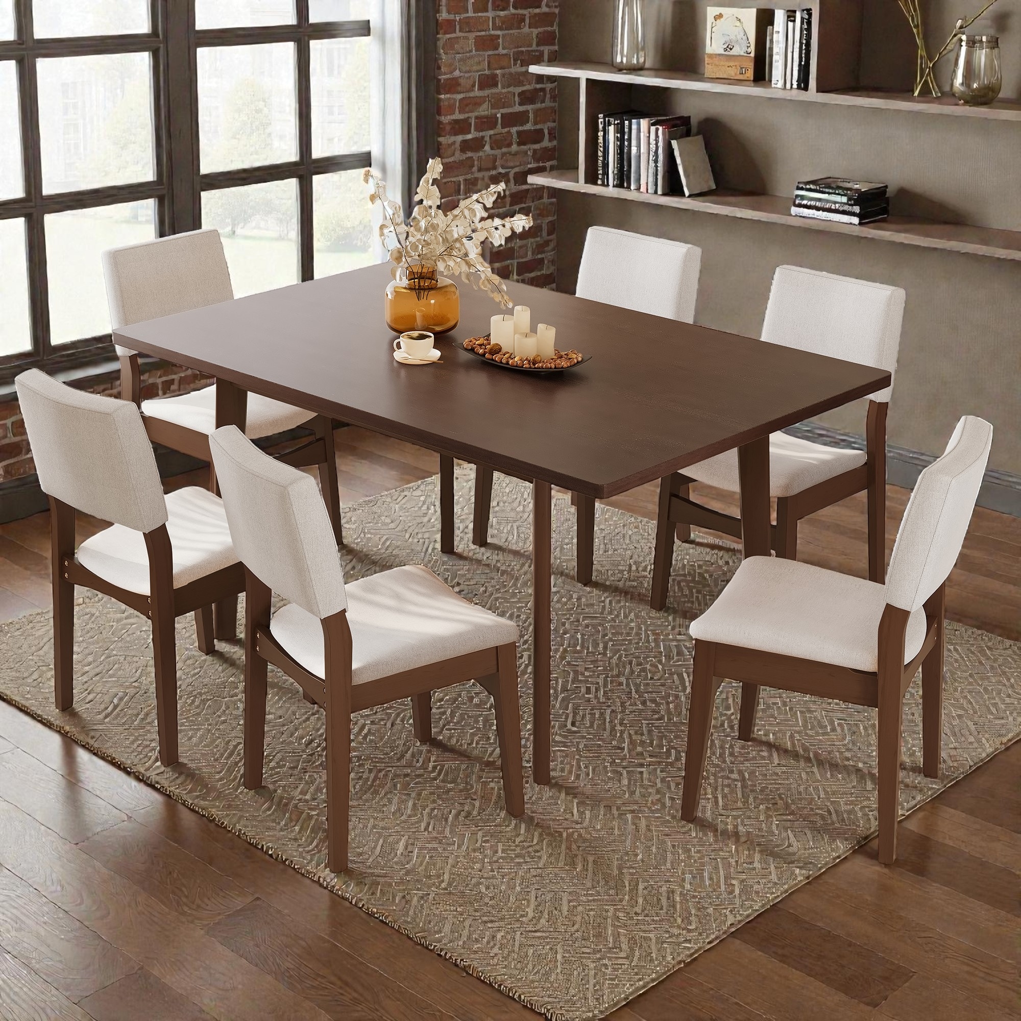 7-Piece Modern Dining Set with Solid Wood Table and Beige Upholstered Linen Chairs, Space-Saving Stackable Design