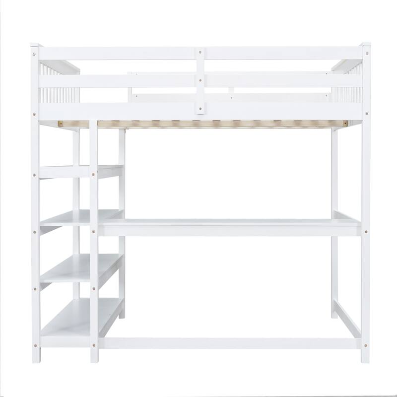 White Solid Wood Loft Bed with Integrated Desk, Storage Shelves, and Stable Guardrails