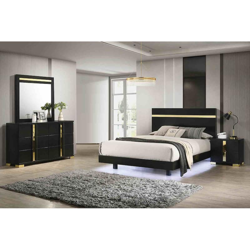 Contemporary Black Finish 4 Piece Bedroom Set LED Bed Dresser Mirror Nightstand