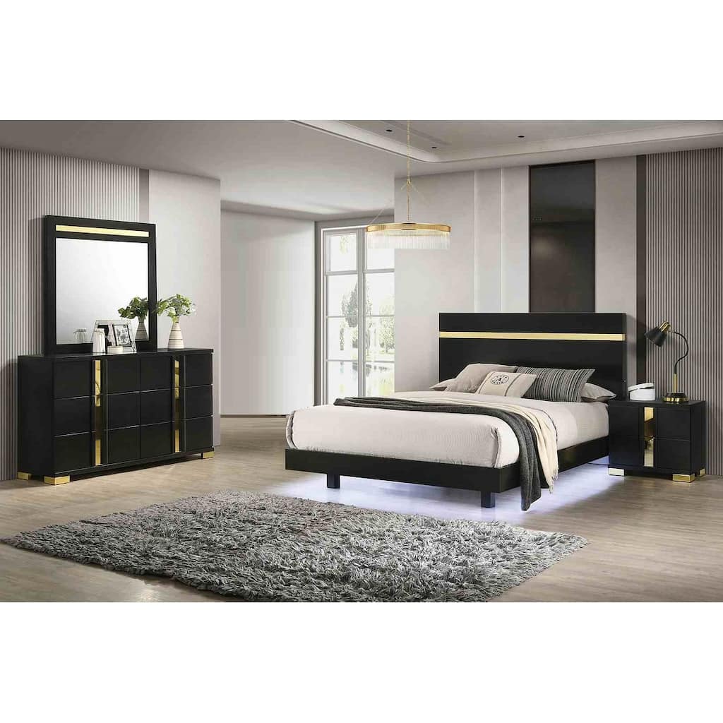 Contemporary Black Finish 4 Piece Bedroom Set LED Bed Dresser Mirror Nightstand