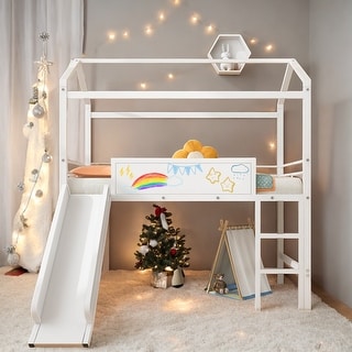 Twin Metal Loft House Bed With Slide & Two-sided writable Board, White