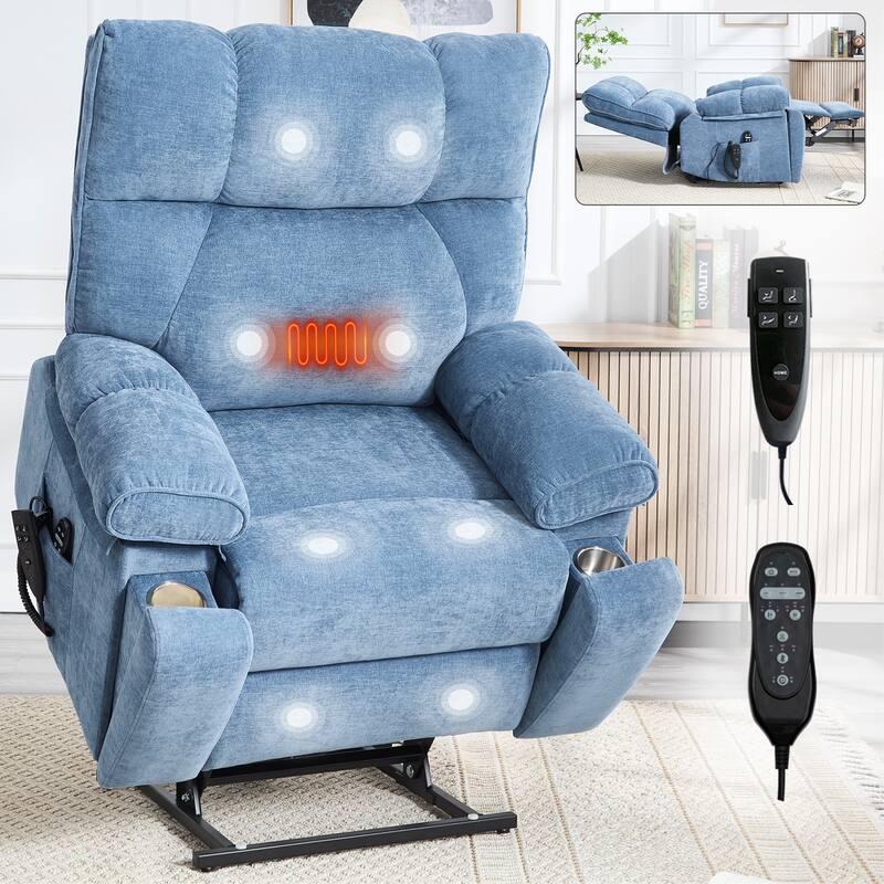 Heat Massage Dual Motor Infinite Position Large Electric Power Lift Recliners with Hidden Cup Holders,Power-Remote,Medium-firm - Blue