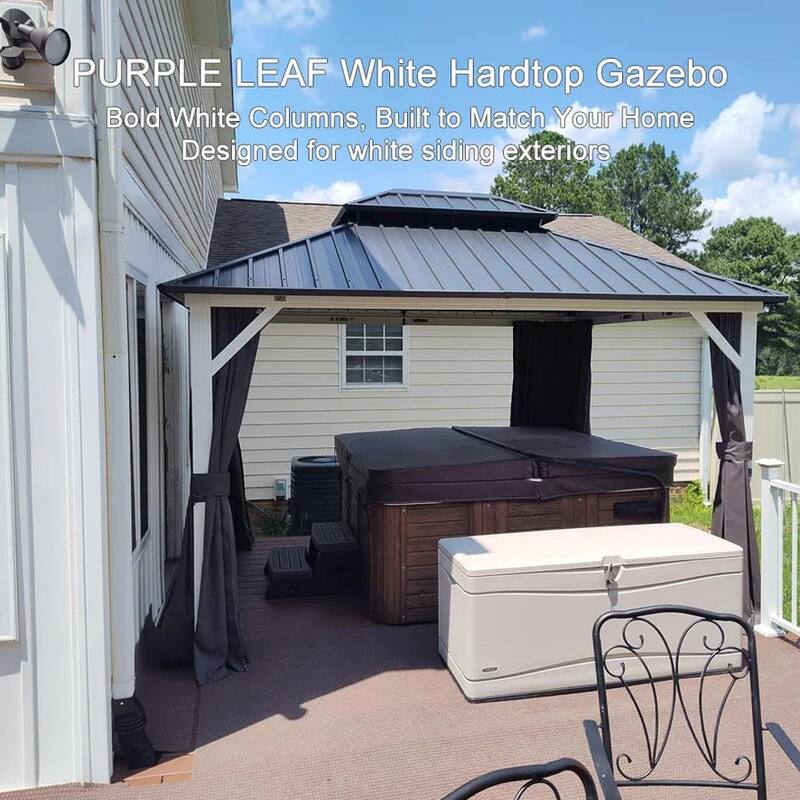 PURPLE LEAF Patio Hardtop Gazebo for Outdoor Grey Galvanized Steel Double Roof White Aluminum Poles