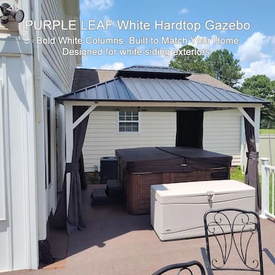 PURPLE LEAF Patio Hardtop Gazebo for Outdoor Grey Galvanized Steel Double Roof White Aluminum Poles