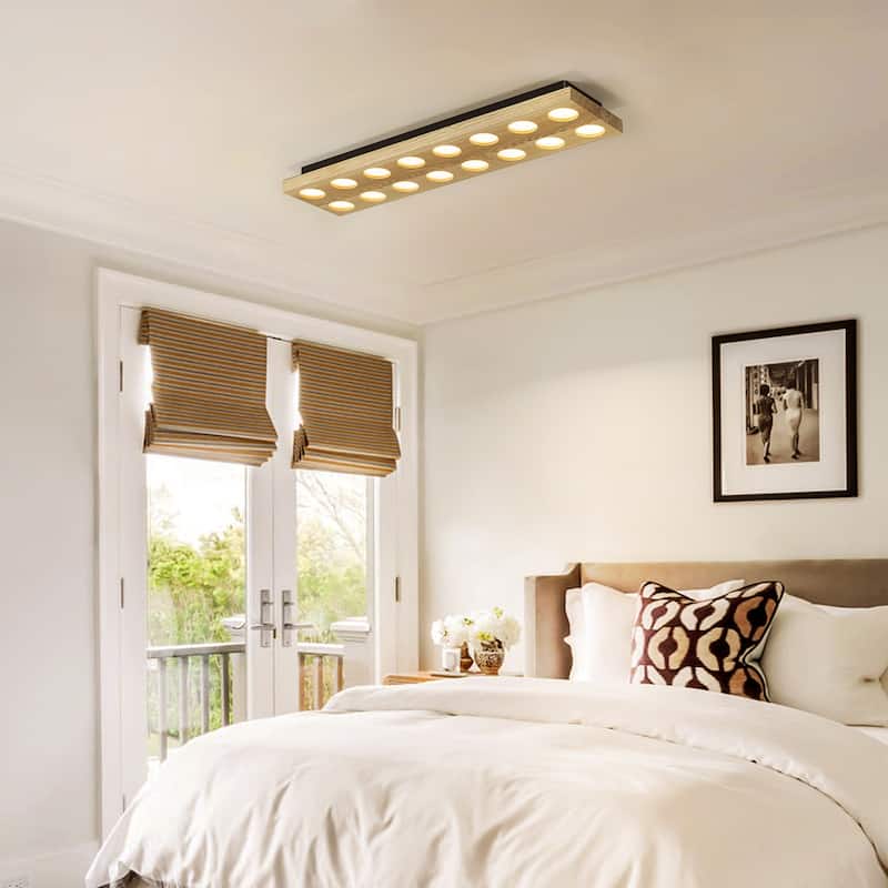 31.5" 16-Light Modern Minimalist Rectangle Wood Integrated LED Flush Mount Ceiling Light for Bedroom, Living Room