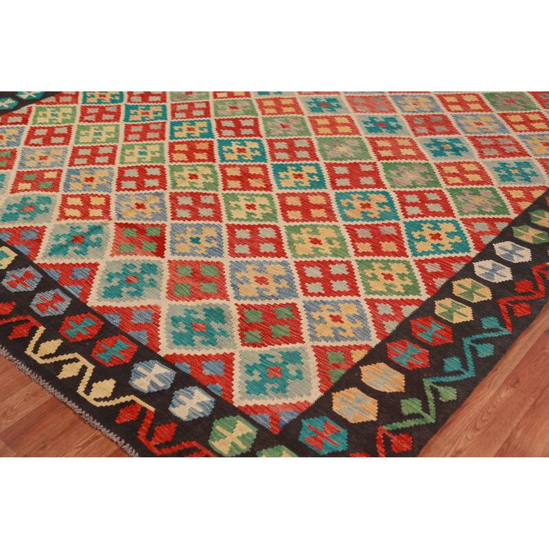 Reversible Trellis Kilim Oriental Area Rug Flatweave Wool Carpet - 8'7"x 11'2"