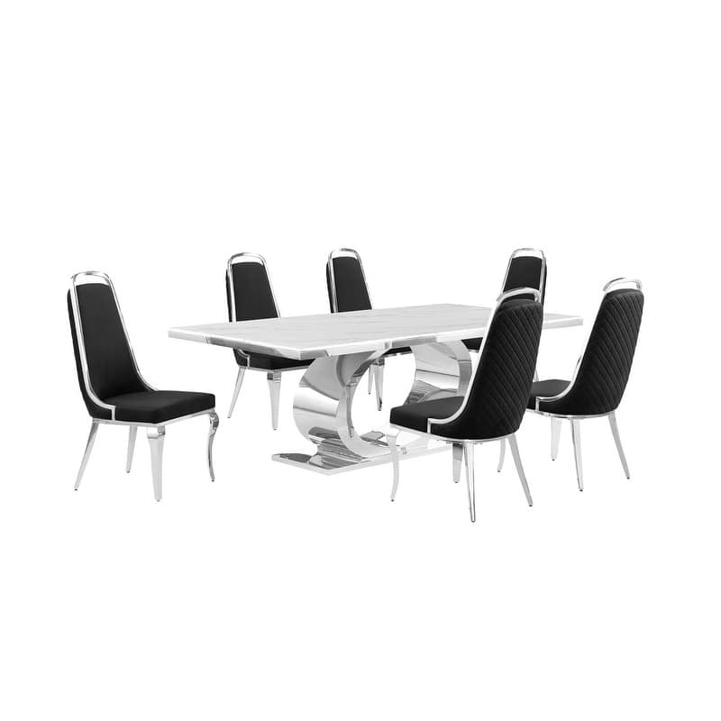 Best Quality Furniture D432/3-SC310-7 Dining Set with 87" White Marble Top