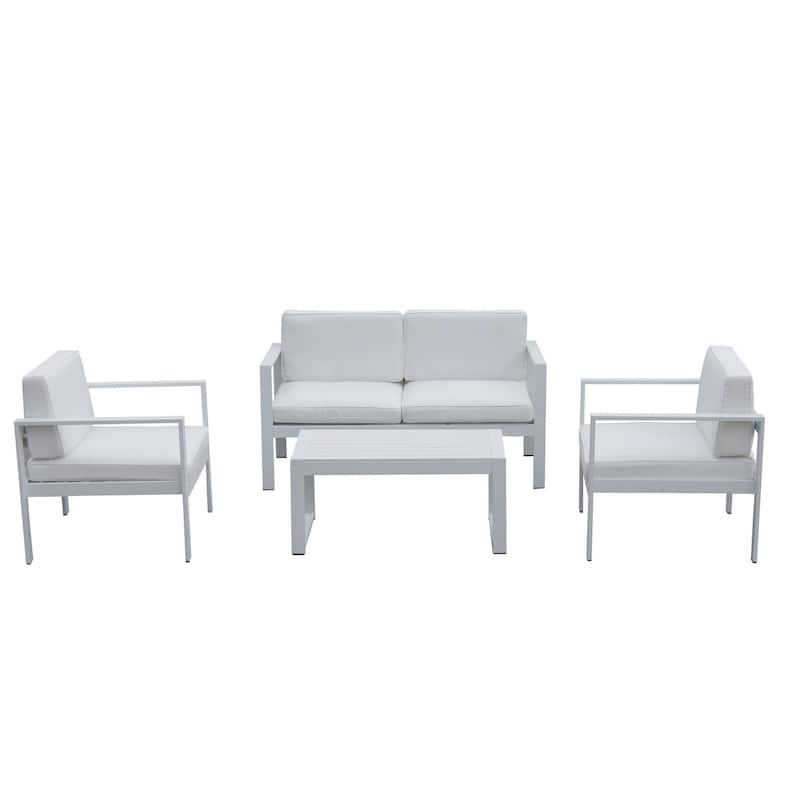 Kili 4 Piece Outdoor Sofa, Chairs, and Table Set, Crisp White Aluminum - White