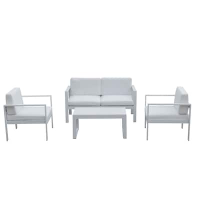 Kili 4 Piece Outdoor Sofa, Chairs, and Table Set, Crisp White Aluminum