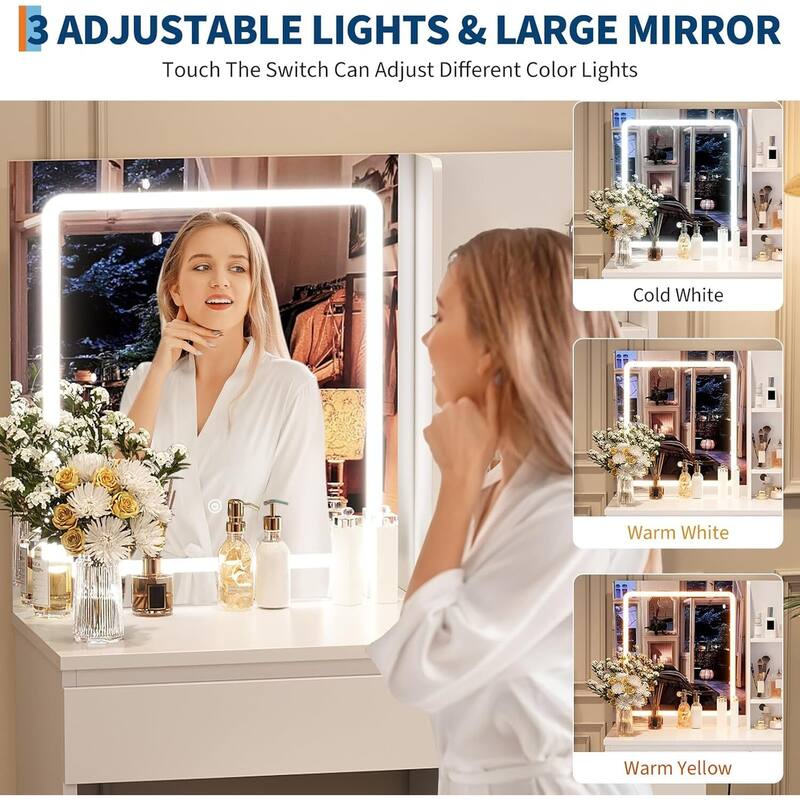 4 Drawers Vanity Desk with Power Outlet, Stool, Mirror and LED Light