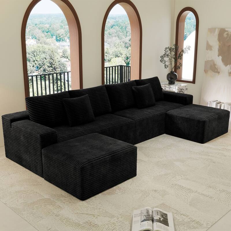 U Shaped Modern Sofa Modular Sectional Cloud Couch with 2 Ottoman, Deep Seat Couches Corduroy Fabric Sofa for Living Room - Black