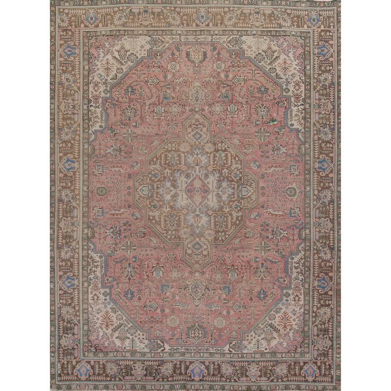 Distressed Pink Tabriz Persian Vintage Rug Handmade Wool Carpet - 9'8" x 12'8"