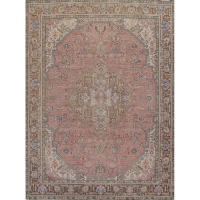 Distressed Pink Tabriz Persian Vintage Rug Handmade Wool Carpet - 9'8" x 12'8"