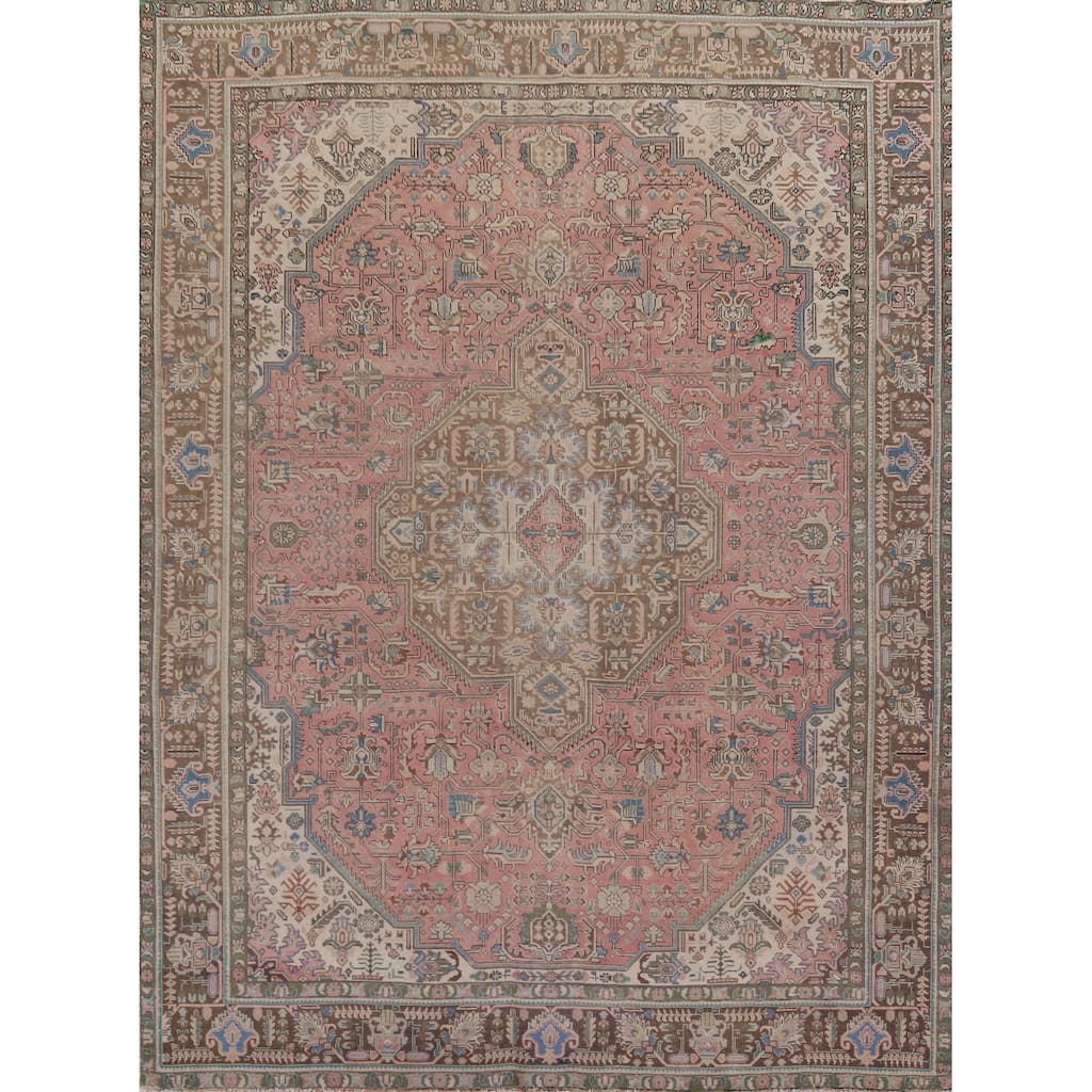 Distressed Pink Tabriz Persian Vintage Rug Handmade Wool Carpet - 9'8" x 12'8"