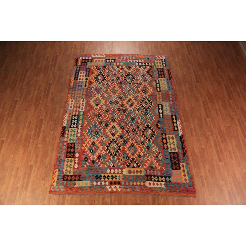 Orange Kilim Oriental Area Rug Hand-Woven Geometric Wool Carpet - 8'0"x 11'8"