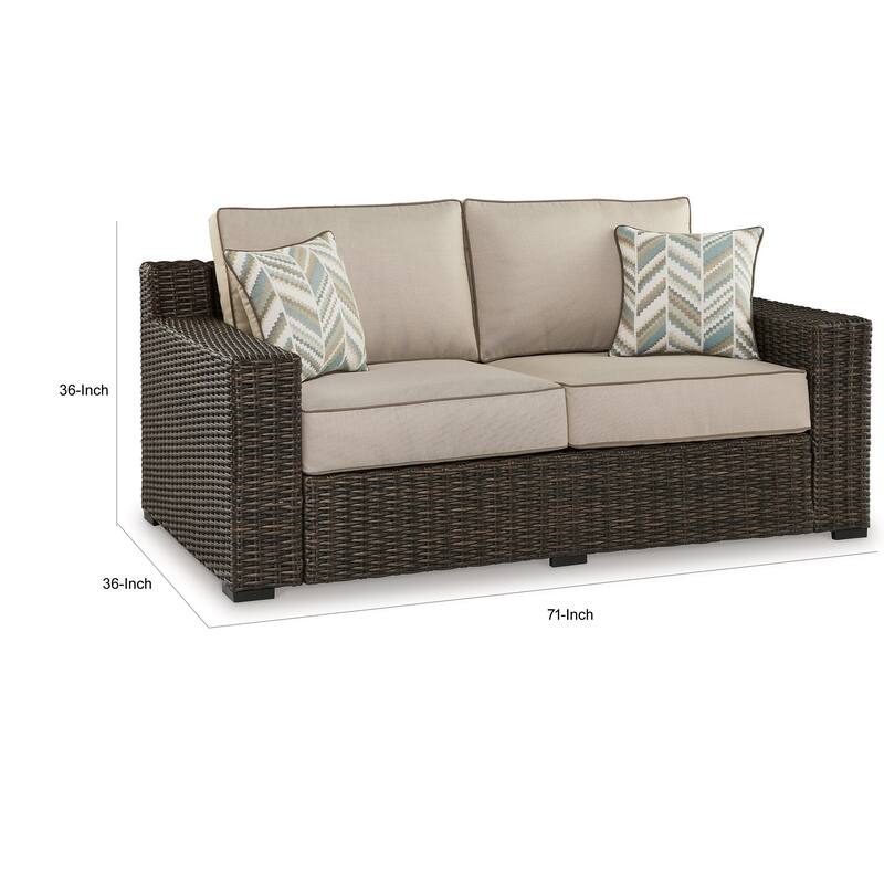 Waga 71 Inch Outdoor Loveseat, 2 Throw Pillows, Brown Resin Wicker, Beige
