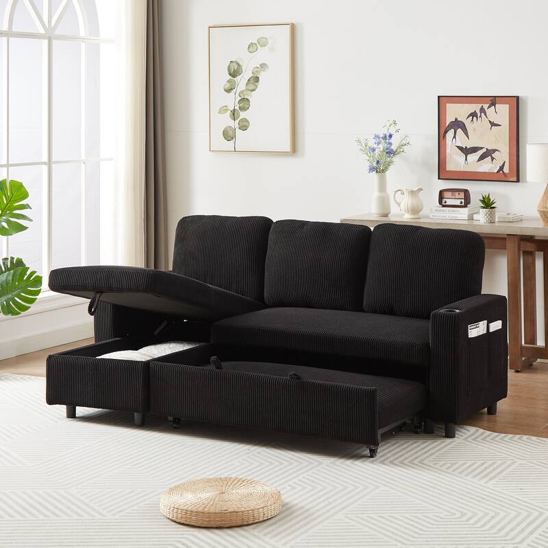 L-Shaped Corduroy Sofa Bed with Pull-Out Sleeper, Reversible Design