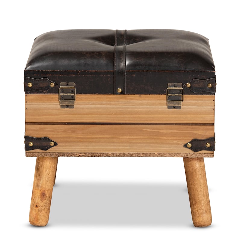 Amena Dark Brown PU Leather and Oak Wood Small Storage Ottoman