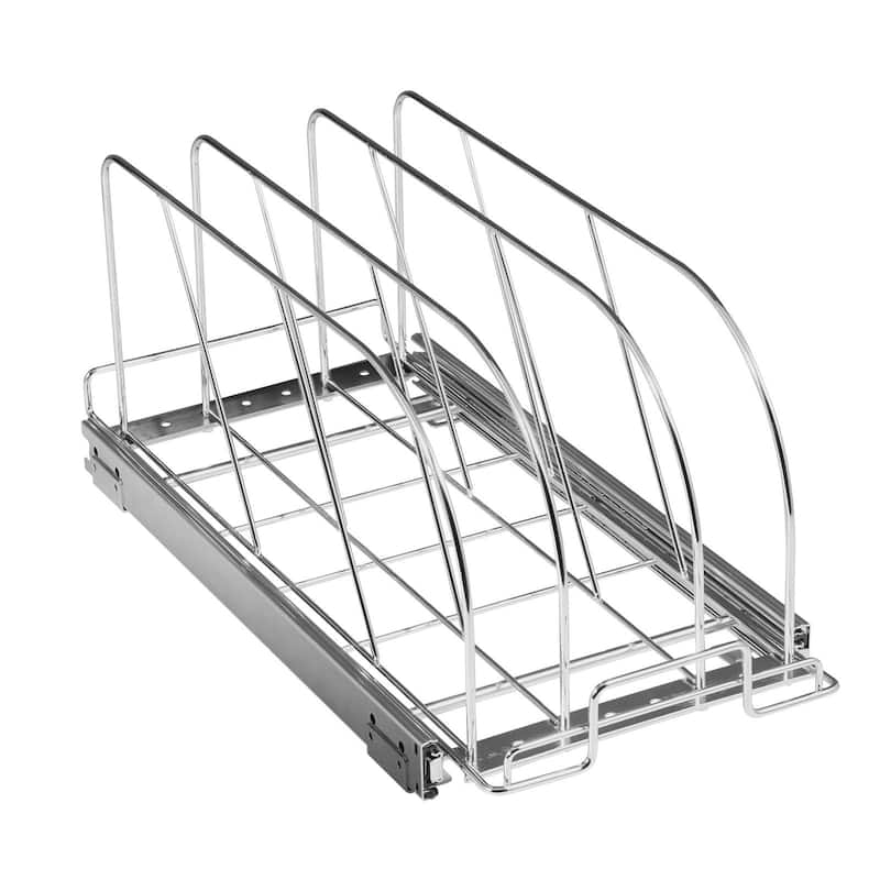 Chrome Plated Carbon Steel Expandable Pan and Pot Rack Tray Organization with 3-Section Ball-Bearing System