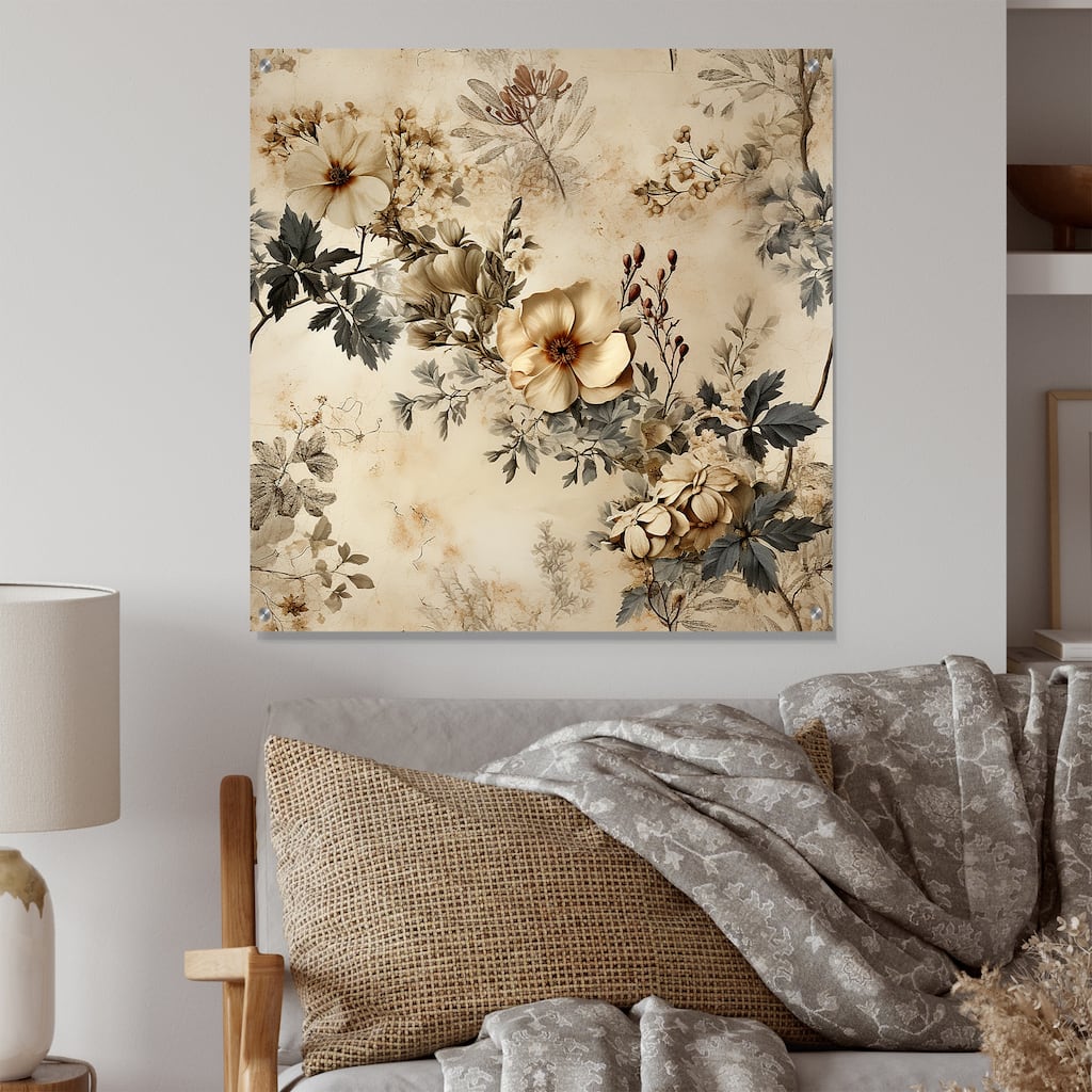 Designart "Vintage Beige Floral Countryhome Charm" Floral Gloss Wall Decor Beige - Traditional Acrylic Wall Art Decor