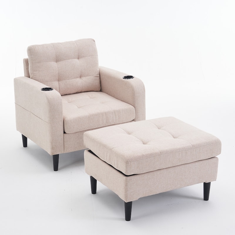 Beige Modern 31.5" Upholstered Buttons Tufted Arm Chair with Storage and Cup Holders for Living Room