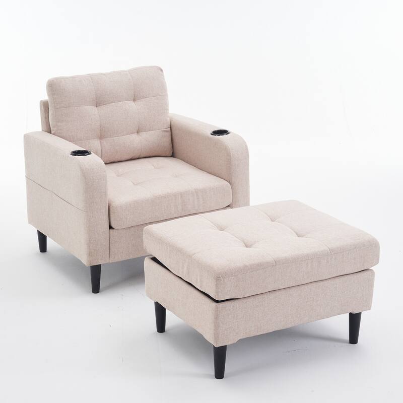 HCHAIRH Upholstered Tufted Accent Chair Single Sofa Storage Ottoman Set with Cup Holders - Beige