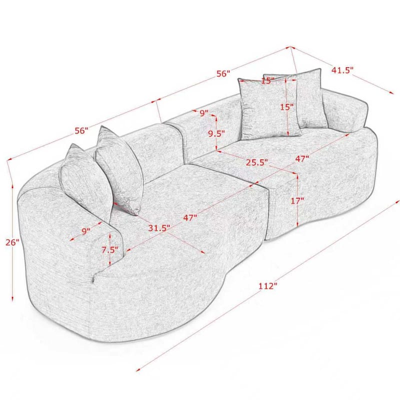Roomfitters Modern Cloud 4-Seater Curved Sectional Sofa, Minimalist Compression Couch, Chenille