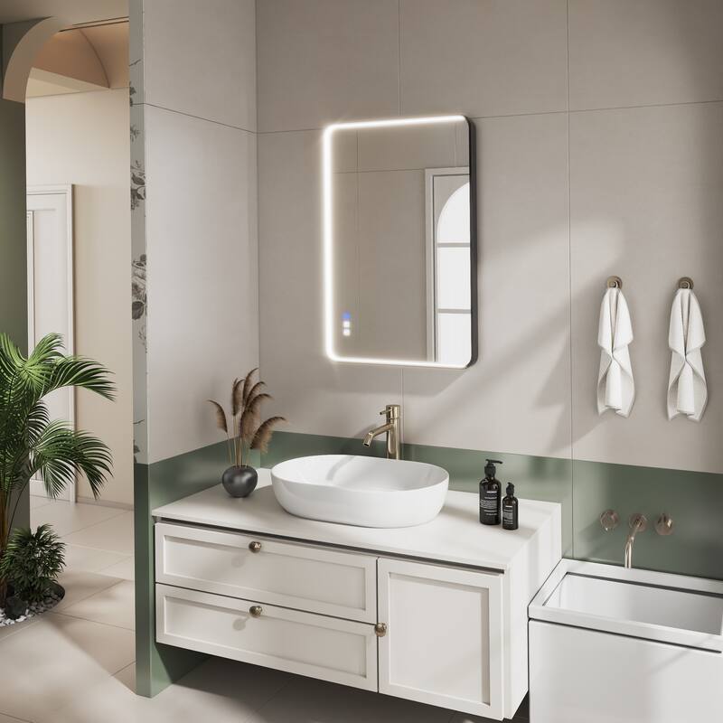 Organnice Rectangular LED Aluminum Black Framed Light Rounded Wall Mirror with Front Light