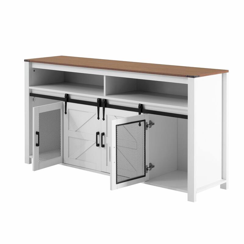 59.3'' Sideboard with Sliding Barn Door and Mesh Panels, Farmhouse Buffet with Open Storage