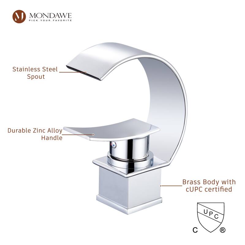 Mondawe Luxury C-Shape Arc Waterfall Spout Single Handle 8 inch Widespread Bathroom Sink Faucet With Pop-up Drain in Matte Black